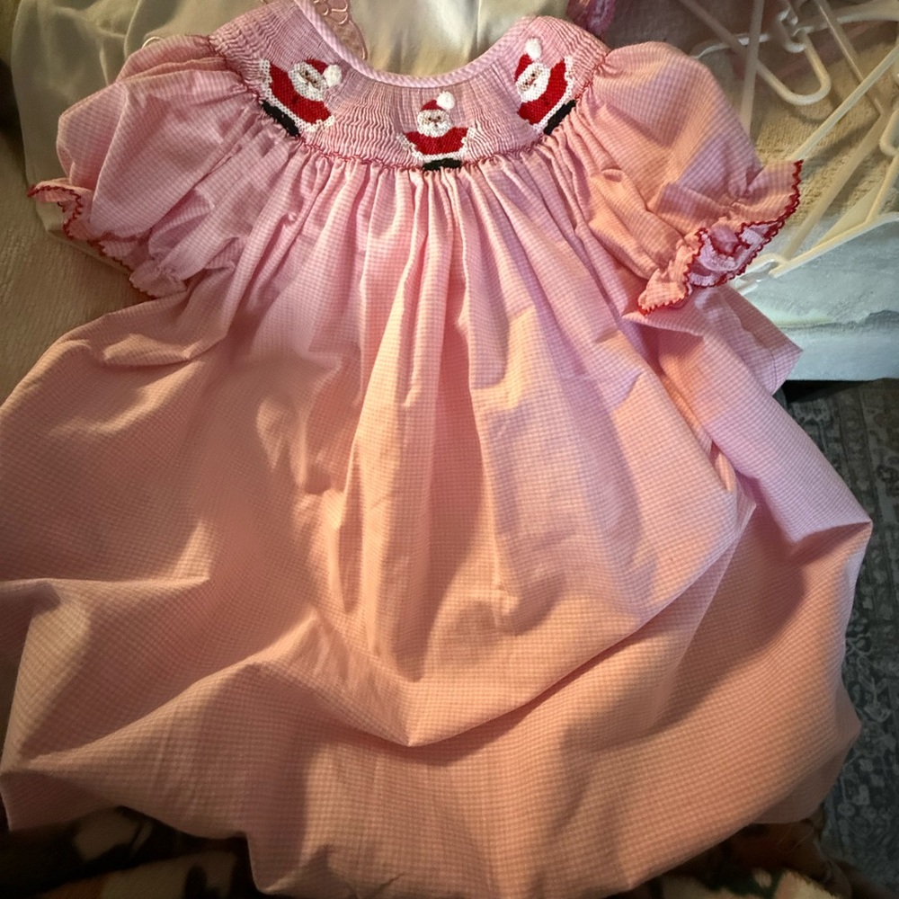 Pink Smocked Dress with Santa Embroidery